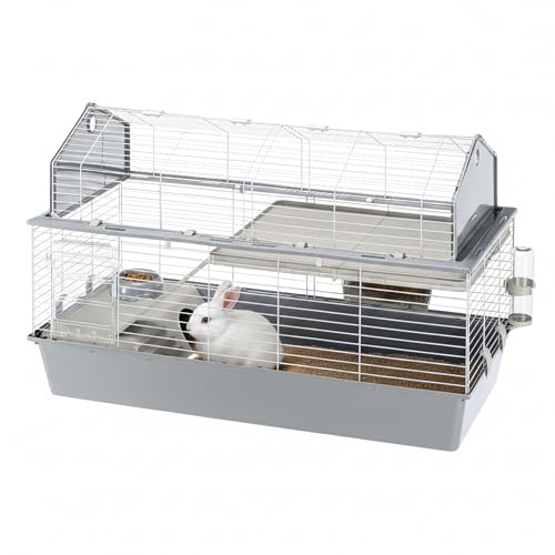 Cage BARN 120 pour Lapins et Petits Animaux, 2 étages, Toit Ouvrant, Accessoires et Adhésifs Inclus