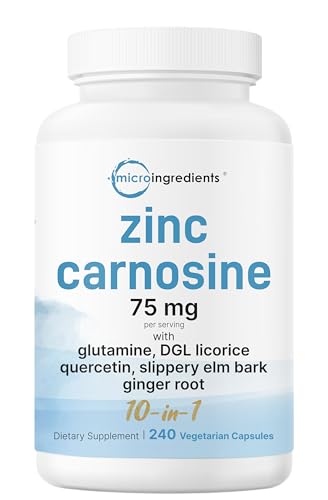 Zinc Carnosine 75mg 240 Veggie Capsules | 10-in-1 Zinc Supplements for Men & Women with Glutamine DGL Licorice Quercetin Slippery Elm Bark & Ginger Root | Non-GMO Gluten Free