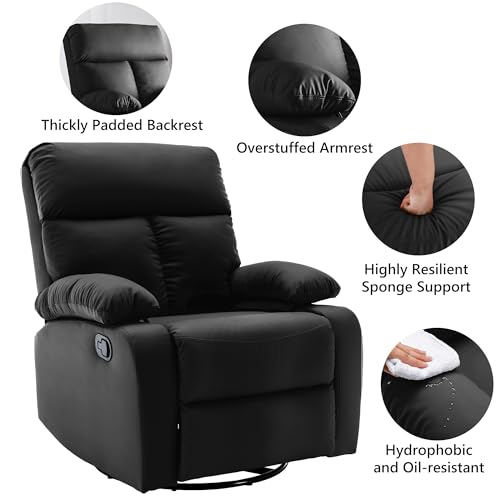GNMLP2020 Swivel Rocking Recliner Chair, Small Manual Reclining Chair with Overstuffed Arm and Back, PU Leather Single Sofa Seat for Living Room, Bedroom, Black - Thumbnail 6