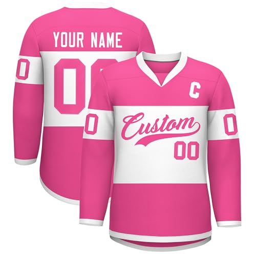 La Mejor Lista de Ropa de Hockey sobre hielo para Niña los mejores 10. 46 playera de hockey personalizada, nombre del equipo, logotipo deportivo, hockey de manga larga, para hombres, mujeres, niños y niñas, rosa/blanco/rosado, Talla única