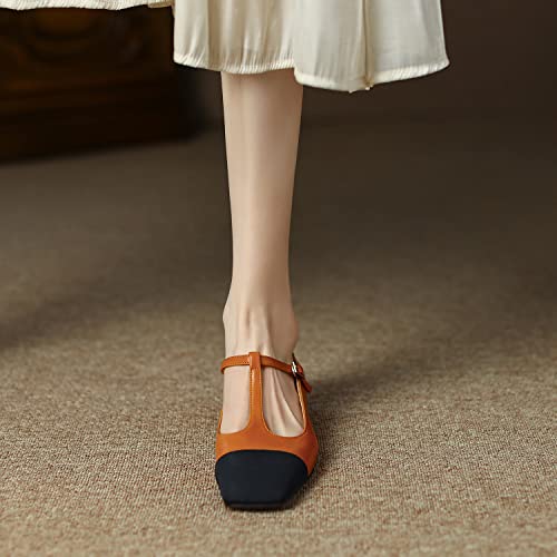 FOWT Simple Mini Square Toe T-Strap Buckle Strap Womens Black Flats Comfort Two-Toned Cap Toe Mary Janes Shoes Fall Ladies Slip on Cut Out Shoes for Dressy Uniform Commuting Travel, US Size 4-8 M3