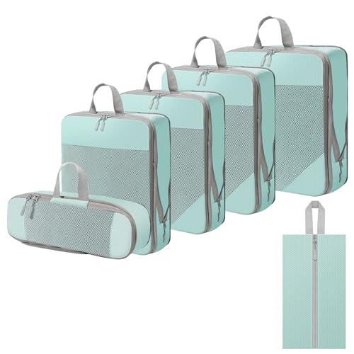 WOOMADA Compression Packing Cubes for Suitcases Travel Essentials 6 Set Rectangle Mesh Expandable Travel Bags Organizer for Luggage