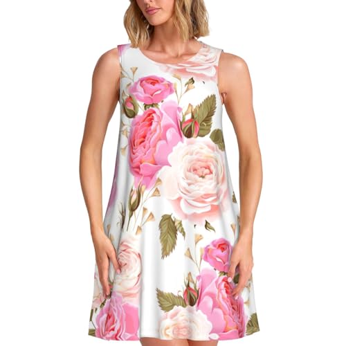 Robe d'été sans manches pour femme ample à motif floral rose avec poches