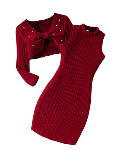 WDIRARA Girl's 2 Piece Outfits Knitted Pearl Long Sleeve Cardigan Bodycon Dress Set