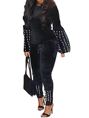 Womens Two Pieces Velour Outfit Crew Neck Pullover Tracksuit Casual Sweatsuits Set Black