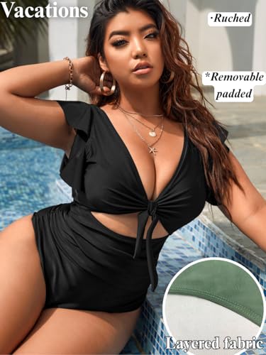 Plus Size One Piece Swimsuit for Women Curvy, Ruffle Tie Front Ruched Sexy Monokini,Cutout Tummy Control Bathing Suit4