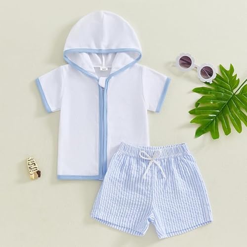 Toddler Swim Cover Up Baby Boy Girl Towel Terry Zipper Hooded Tops Seersucker Shorts Set Beach Bathing Suit Coverup2