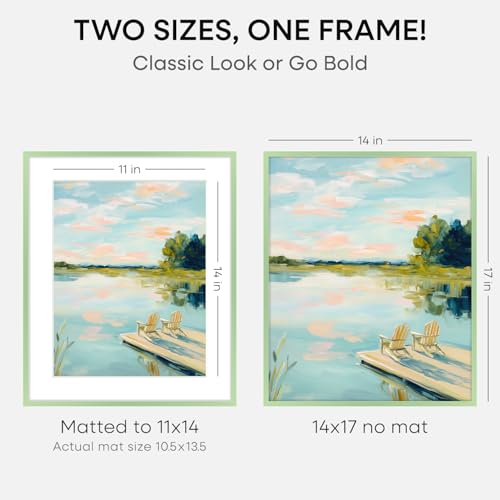Image of Homeforia 14x17 Picture Frame Sage Green, High End Metal 14x17 Poster Frames with Mat 11x14 inch Photo, 14 x 17 Sage Green Frame Matted to 11 by 14 Art, 17x14 Frame, Tempered Glass, Wall Kit, Set of 1