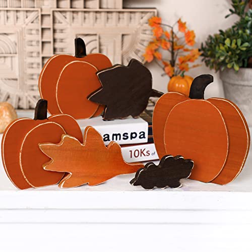 6 Pieces Thanksgiving Fall Tiered Tray Decor Fall Decorations For Home Wooden Pumpkins Wooden Leaves Maple Leaf Sign Decorative Wooden Block Set For Home Dining Table Decor Living Room Mantle Office #TOP2