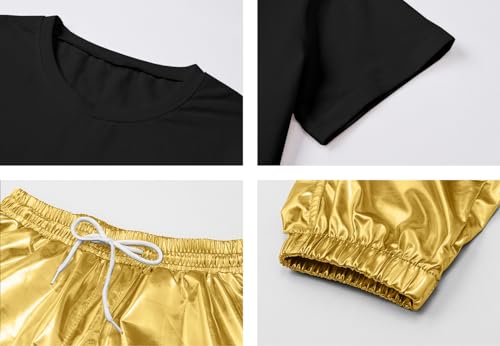 Image of Betusline Girls 2 Piece Summer Outfits,Black Print Cute Short Sleeve Crop Tops + Gold Cargo Jogger Pants Clothes,4-5T = Tag 120