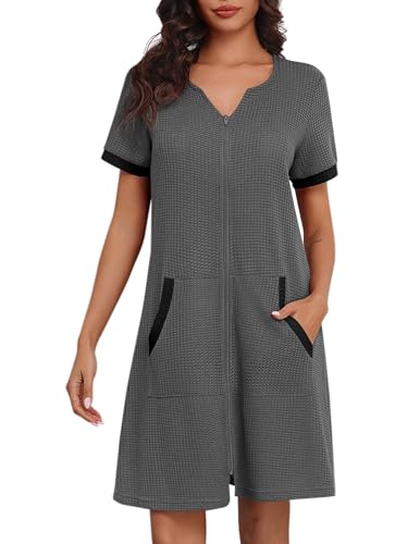 Ekouaer Bata de baño de manga corta con cremallera para mujer, ligera, hasta la rodilla, con bolsillos, tallas S-3XL, Gris-oscuro, M