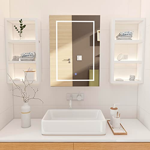 Mepplzian Medicine Cabinet With Lights Bathroom Medicine Cabinet With Mirror Wall Mounted Lighted Illuminated Mirror Cabinet With Storage,Brightness Adjustable,Not Recessed 27.5 X19.6 Inch #TOP5