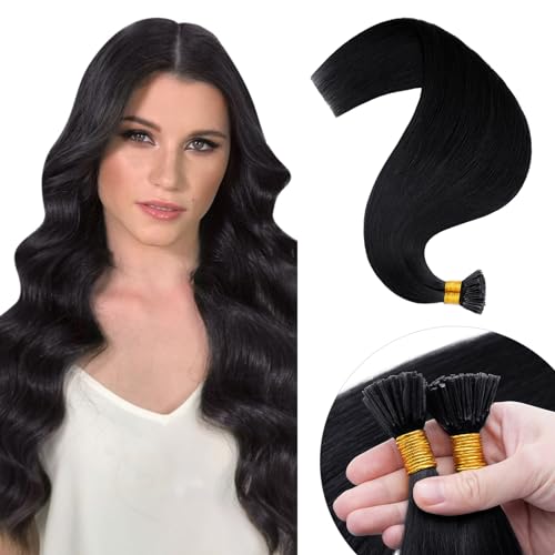 Elailite I Tip Hair Extensions 100 Strands Pre Bonded Stick Tip Keratin Real Remy Human Hair Extension Straight - #1 Jet Black - 16 inches