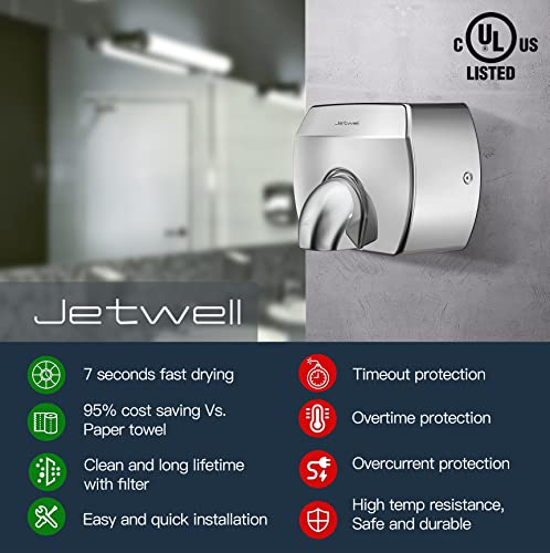JETWELL Elegant Compact Hand Dryer For Bathrooms Commercial- High Speed Automatic Hard Wired Friendly Stainless Steel Hand Dryer- AC110V-130V Warm Wind Hand Blower JW2830
