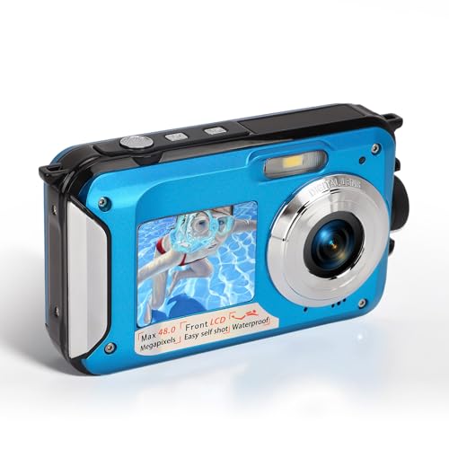 SustVita Waterproof Camera, Underwater Digital Camera Full HD 2.7K 48MP, Front Rear Double Screens Water Resistant Digital Camera 10ft Water Resistant 16X Digital Zoom (Blue)