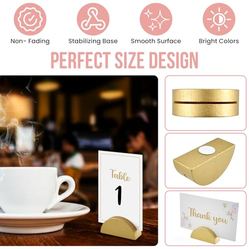 DALQUIS 30Pcs Gold Semicircular Wooden Table Number Holders ＆ 40Pcs Place Cards with Glues, Lightweight Table Sign Holders for Wedding, Birthday Party - Thumbnail 4