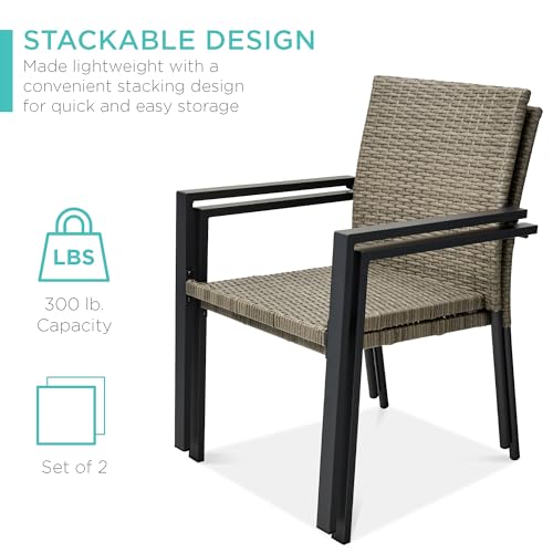 Image of Best Choice Products Set of 2 Stackable Outdoor Wicker Dining Chairs All-Weather Firepit Armchair w /Armrests, Steel Frame for Patio, Deck, Garden, Yard - Taupe