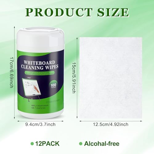 Image of Threlaco 12 Pack Dry Erase Wipes 1200 Pcs Whiteboard Cleaning Wipes Wet Whiteboard Cleaner Teacher Supplies for Cleaning Markers Home Classroom School Office, 100 Per Canister