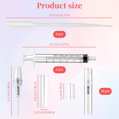 16 Pcs 3ml Mini Spray Bottles with 6 Accessories (4 Plastic Droppers + 2 Syringes) - Refillable Travel Perfume Bottles, Small Empty Atomizer for Essential Oils, Fine Mist Portable Perfume Sample Kit2