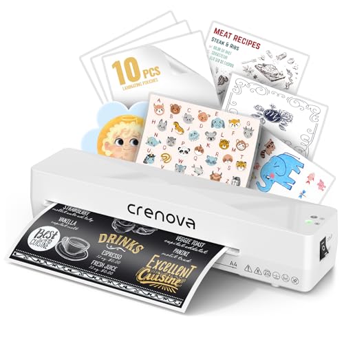 Crenova A4 Laminator, Thermal Laminator Machine for Hot and Cold Settings with 10 Laminating Pouches No Bubbles for School Home Use (White)