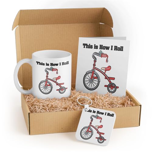 3dRose Funny Bike Enthusiast Gift Set with Mug, Keychain, and Card – Red Tricycle Illustration – Ideal for Kids and Birthdays
