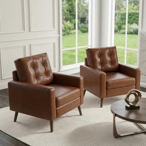 HNY Set of 2 Mid Century Modern Armchair, Button Tufted Faux Leather Accent Chair with Arm, Upholstered Club Chair for Living Room, Bedroom, Rubber Wood Legs, Caramel