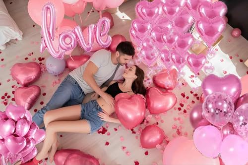 Pink Valentines Day Decorations with Pink Heart Balloons and Love Balloon Fake Rose Petals for Weddi
