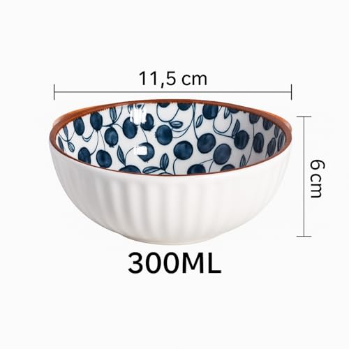 Image of YELONA Ceramic Bowls Set of 6 - 300ml | 11.5cm Japanese Style Serving Bowls with Navy Blue Vine & Berry Pattern | Microwave, Oven, Dishwasher Safe | Lead-Free & Scratch Resistant