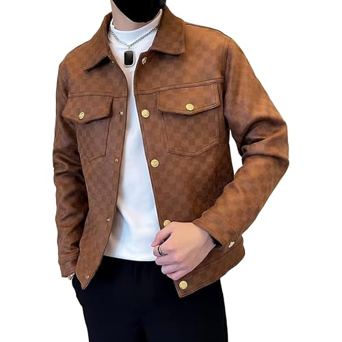 Men's Plaid Leather Jacket Casual Lapel Motorcycle Leathers Coat Classic Button Bomber PU Jackets