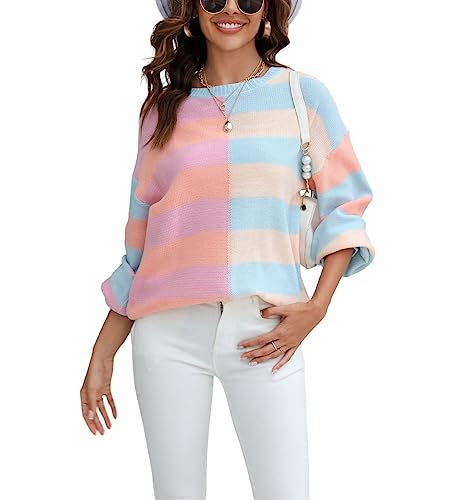 Image of chouyatou Women's Casual Crew Neck Color Block Striped Patchwork Knitted Pullover Sweater Tops