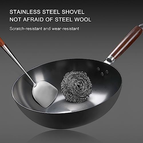 Cast Iron Flat Bottom Wok, Handmade Woks and Stir Fry Pans Non Stick Cookware Pot with Wooden Handle for Gas Cookware,30cm,Glass Lid (32cm Stainless Steel Lid)