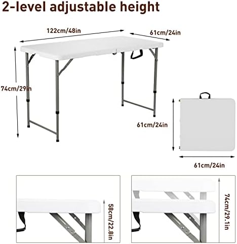 ANJI DEPOT 4ft Folding Trestle Table, Heavy Duty Trestle Picnic Garden Table with 3 Adjustable Heights of 18/24/29 inch (48/60/74 cm)