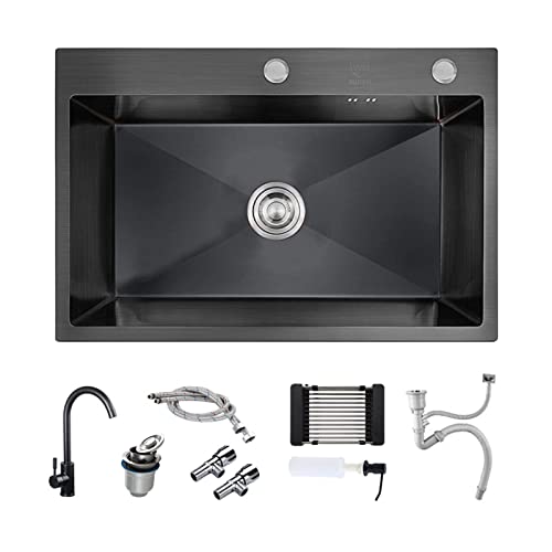 MBROS Fregadero de Cocina Negro, Fregadero de Barra de Montaje Superior de Acero Inoxidable, Fregadero de Cocina de un Solo tazón Nano, Fregadero Combinado, Fregadero de Servicio Moderno, Fregade