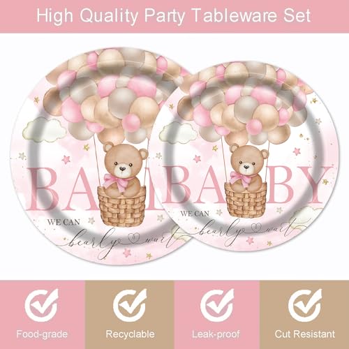 Fitumiw 96Pcs Bear Baby Shower Party Tableware Supplies Bear Plates and Napkins We Can Bearly Wait Party Set Baby Shower Decorations for Girl Serve 24 Guests (Pink)