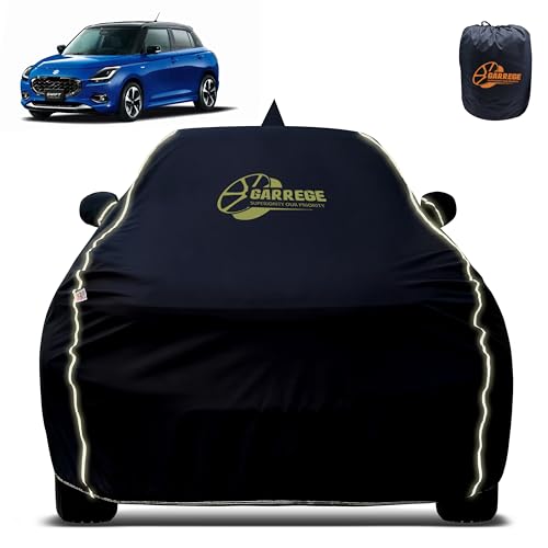 Image of Reflector Waterproof Car Cover for Maruti Swift Hybrid with Mirror & Antenna Pocket | All Weather Protection | Washable Fabric | Black Color