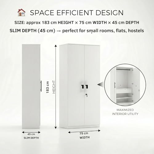 Image of FFO Matrix 2 Door Wardrobe with 2 Drawers | Multi-Purpose Wardrobe Organizer with Shelves | Engineered Wood Cupboard for Living Room, Bedroom & Office | Modern Sideboard Storage Unit White DIY.