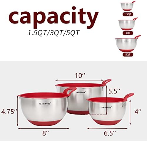 Hillbond Mixing Bowls with BPA Free Airtight Lids Nesting Bowls with Pour Spout, Silicone Handle and Non-Slip Bottoms for Baking, Stainless Steel Mixing Bowls Dishwasher Safe, 1.5, 3, 5 QT (Red) - Thumbnail 5