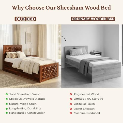 Image of WOODLAB Furniture Niwar Single Size Bed with Drawer Storage Wooden Single Cot Bed Palang for Bedroom Home (Honey Finish)