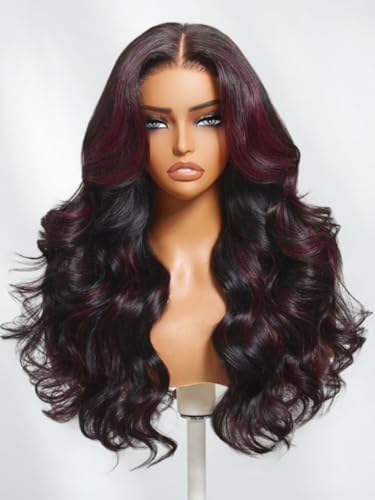 Image of Beauty Forever Pre Everything Glueless Front Black Cherry Highlights Body Wave Face Framing Human Hair Drawstring Wig Pre Plucked Pre Cut 13x4 HD Lace Bye Bye Knots Ready to Wear Frontal Wig 22inch