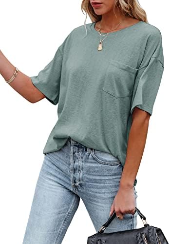 Fanway&EC Women's Short Sleeve T-shirts Casual Crewneck Tees with Pocket Summer Basic Tops (Light Green,Large,US,Alpha,Adult,Female,Large,Regular,Regular)