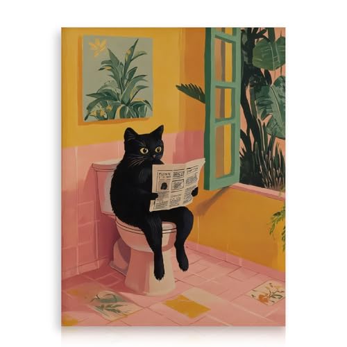 Dazzlewall Arte de Pared Retro de Gato Negro, Gato Negro Leyendo el Periódico en el Inodoro para Decoración de Baño, 12x16 Pulgadas Sin Enmarcar