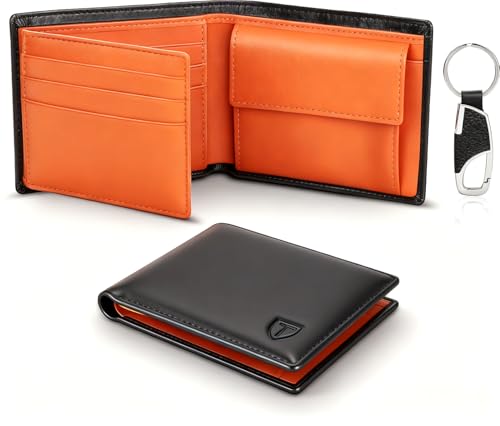 TEEHON Cartera para Hombre, Monedero con RFID Bloqueo con 10 Ranuras, 2 Compartimentos para Billetes, 1 Bolsillo para Monedas con Botón, 1 Llavero y Regalo Caja - Naranja Negro
