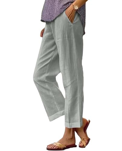 Womens Cotton and Linen Casual Pants Summer Elastic Waist Drawstring Straight Wide Leg Loose Fit Pockets Pant