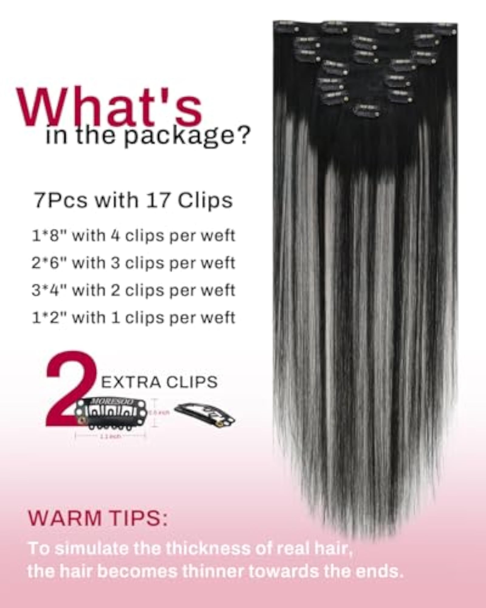 24 Inch Clip-In Extensions Human Hair Balayage, Off Black to Silver Grey