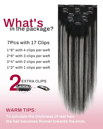 Image of Moresoo Ombre Clip in Hair Extensions Black Silver Human Hair 16 inch 120g | Human hair extensions clip ins, black and silver balayage, real human hair adds cool contrast for daily or photo looks, 7pcs