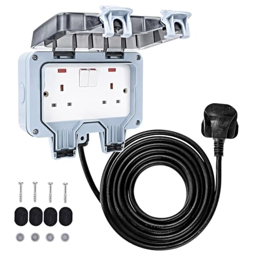 CROWNSHOP Weatherproof Outdoor Socket Waterproof Double Socket 5M Extension Lead IP66 Switched Wall Electrical Outlet 2 Gang Power Socket,Garden Outside Plug Sockets Cover Box (10m)