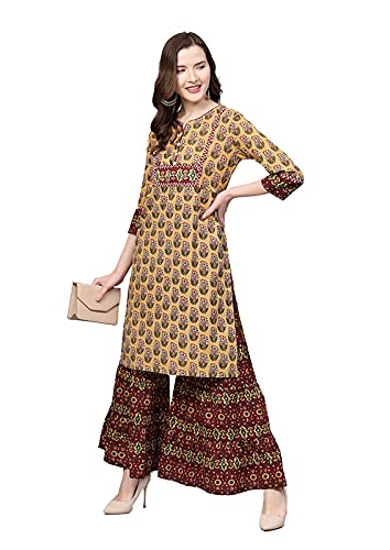 Image of Yash Gallery Women's Cotton Floral Printed Straight Kurta Sharara Set for Women