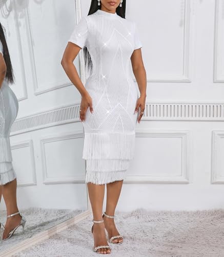 Image of Cololura Sexy Elegant Women Sequin Long Sleeve Tassel Bodycon Midi Dress Party Evening Gown Formal Dress