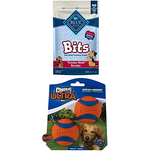 Blue Buffalo Valentines Day Dog Treats Gift Set Blue Bits Natural Soft-Moist Training Dog Treats, Beef Recipe with Chuckit! Ultra Balls