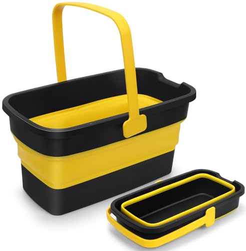 Collapsible Mop Bucket for Cleaning with Handle, Silicone Square Wash Bucket for Windows Cleaning Car Washing,Cleaning Supplies Organizer Plastic Water Bucket for Storage Household use, 3-Gallon